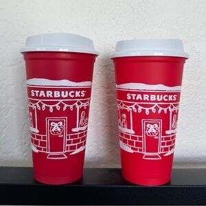 (2) 2025 Starbucks Reusable Holiday Red Plastic Cups